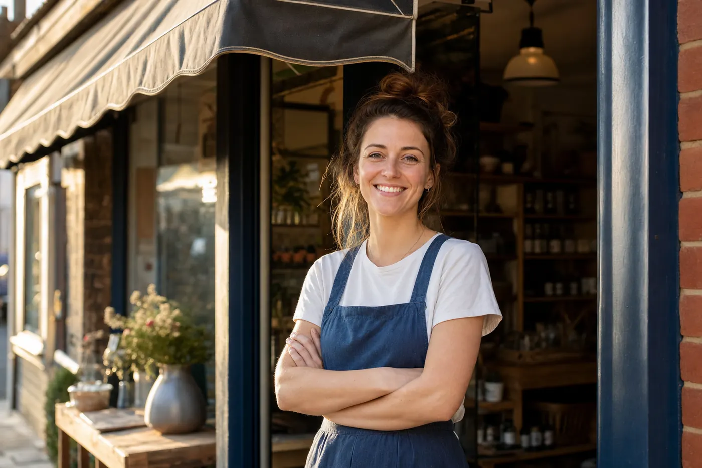 Shop owner standing in the doorway of her high street shop
